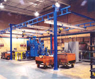 Workstation monorail bridge cranes for sale at AMCHoist. Free standing, ceiling supported or monorail cranes are available. Workstation monorail bridge crane set up in a warehouse for transporting heavy materials.