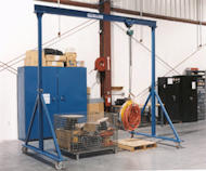 Find portable and motorized gantry cranes for sale at AMCHoist. Gantry Crane set up in a warehouse for easy lifting of materials.